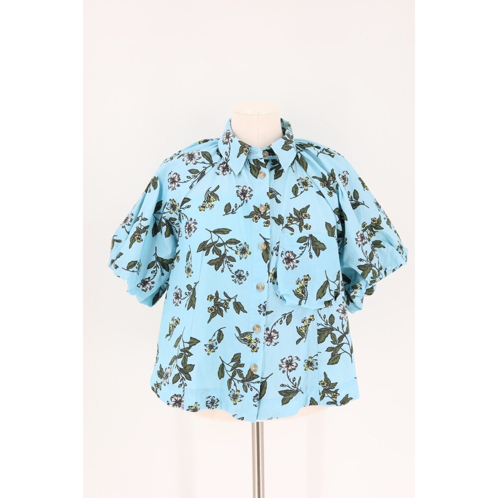 Anthropologie Maeve Zooey Bubble Short Sleeve Blouse Blue Floral Women XS Boxy